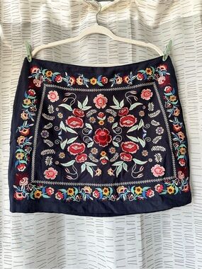Umgee Navy Mini Skirt with Multicolor Floral Embroidery